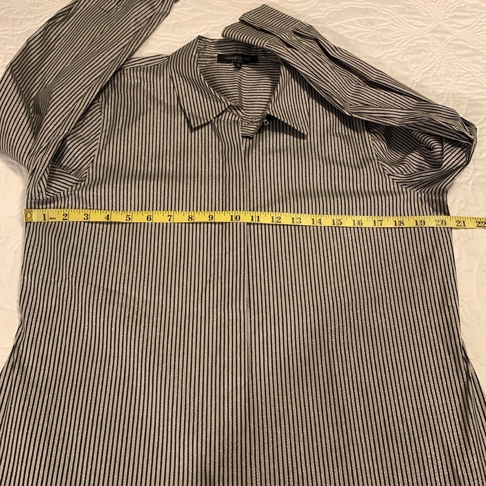 LAFAYETTE 148 NY Stripe Shimmer Button Down Long Sleeve Blouse Black Beige SZ 10 - Picture 11 of 16